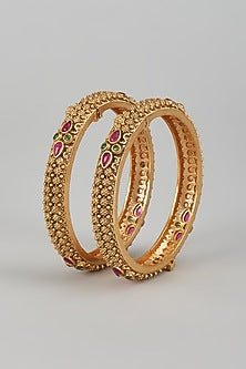 Gold Finish Multi-Colored Stone & Kundan Polki Temple Bangles (Set of 2)