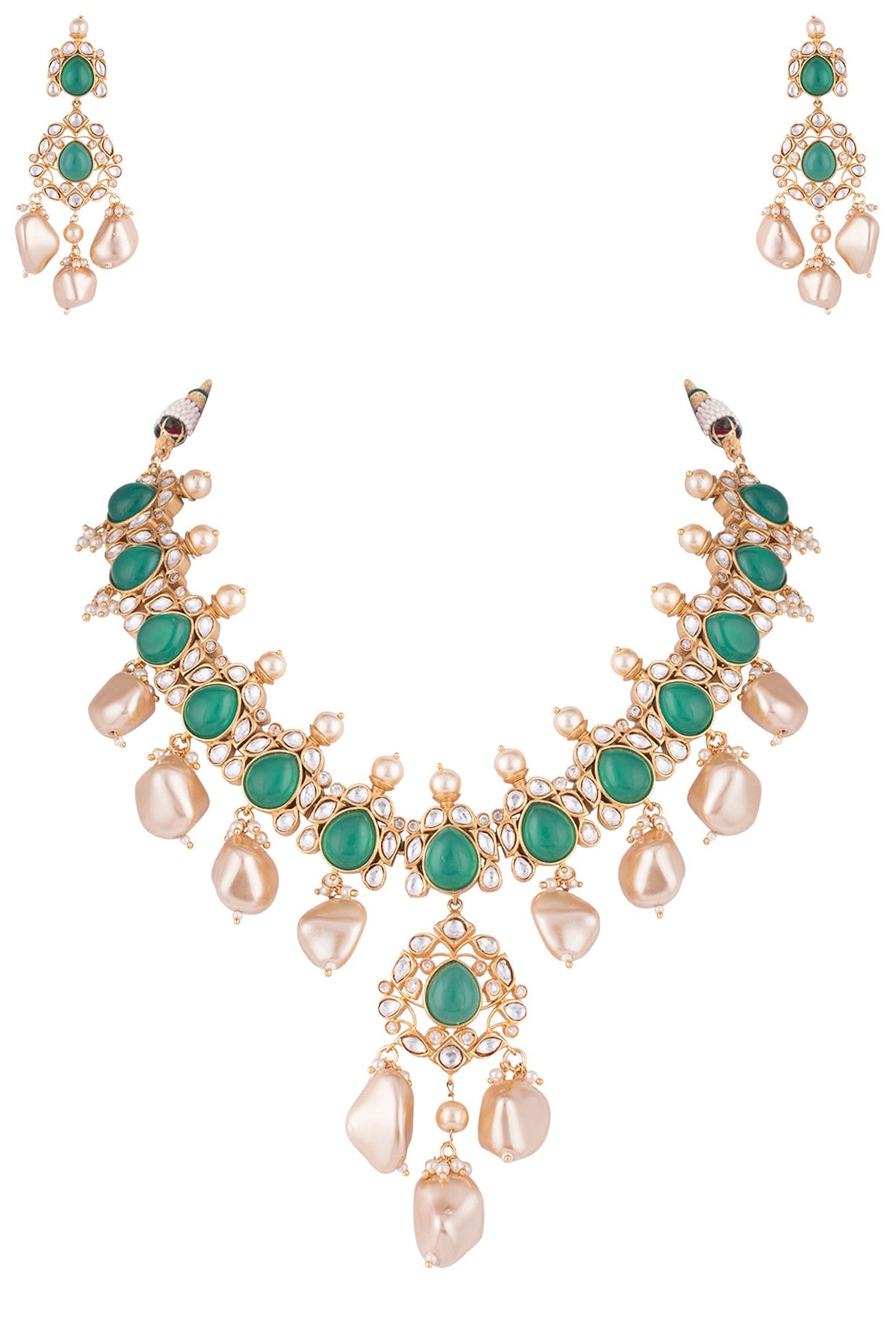 Gold Finish Faux Emerald & Kundan Polki Necklace Set