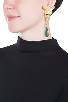 Gold plated ram head green stone earrings