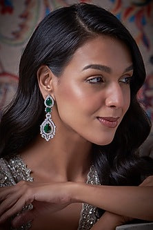 White Finish Zircon & Green Stone Dangler Earrings