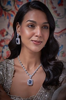 White Finish Zircon Long Necklace Set
