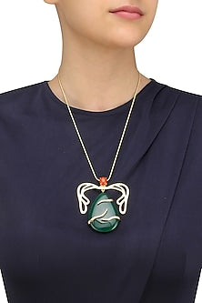 Gold Plated Green Onyx and Carnelian Pendant Necklace