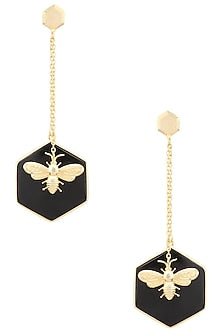 Gold Plated Hexagonal Onyx Stone Bug Earrings