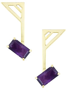 Gold Plated Emerald Cut Purple Amethyst Stone Statement Earrings