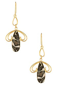 Gold Plated Peanut Jasper Wood Stone Earrings/ Maangtikka