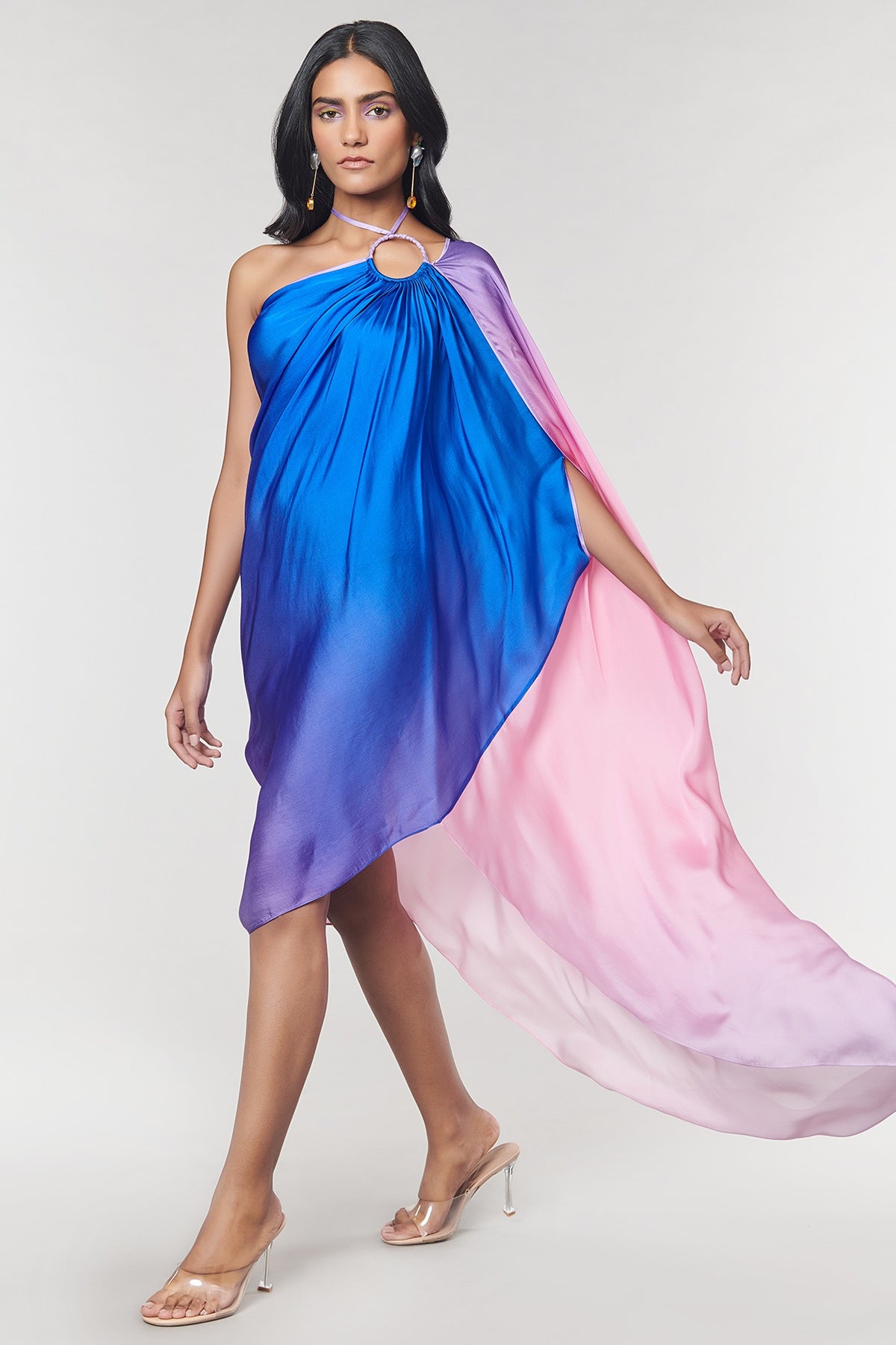 One-Shoulder Blue Ombre Printed Ring Dress