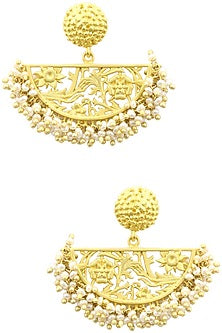 Gold Plated Half Moon Drop Filigree Pearl Earrings