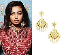 Gold Finish Kundan Polki & Pearl Chandbali Earrings With Maangtikka