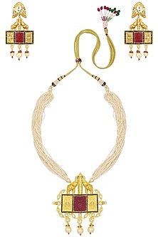 Gold Finish Kundan Polki & Pearl String Long Necklace Set