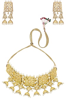 Gold Finish Kundan Polki & Pearl Cutwork Choker Necklace Set