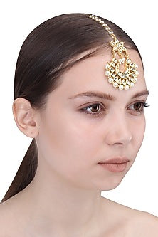 Gold Finish Kundan Polki & Pearl Drop Maangtikka
