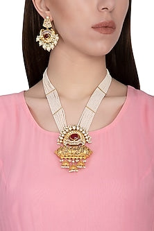 Gold Plated Pearl & Glass Pendant Long Necklace Set