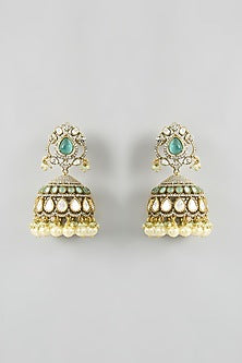 Two Tone Finish Kundan Polki & Green Stone Long Layered Necklace Set