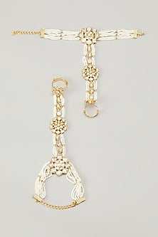 Gold Finish Kundan Polki & Pearl Hathphool