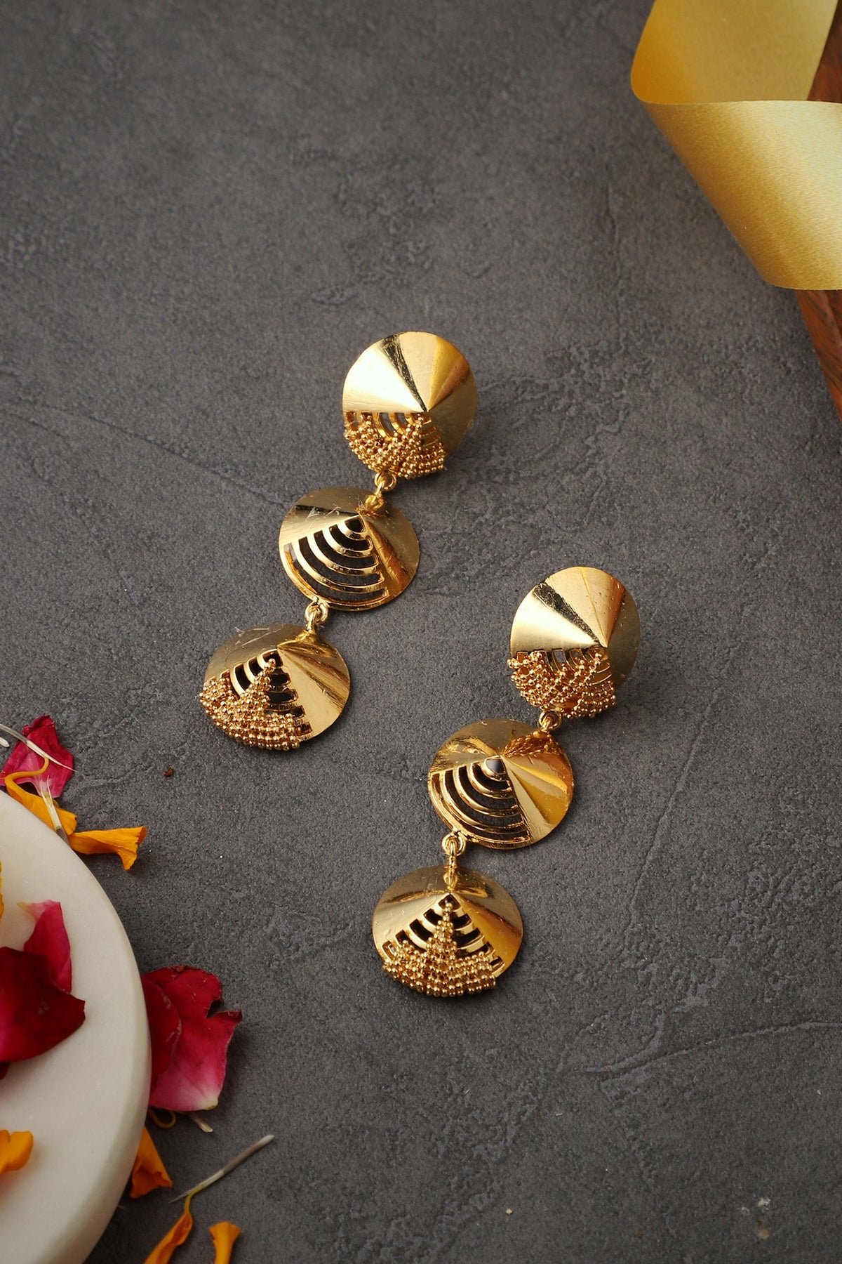 Gold Finish Mini Dome Dangler Earrings
