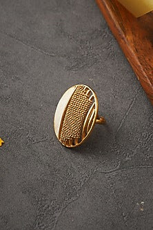 Gold Rhodium Finish Hand-Cut Mother Of Pearl Adjustable Moon Ring