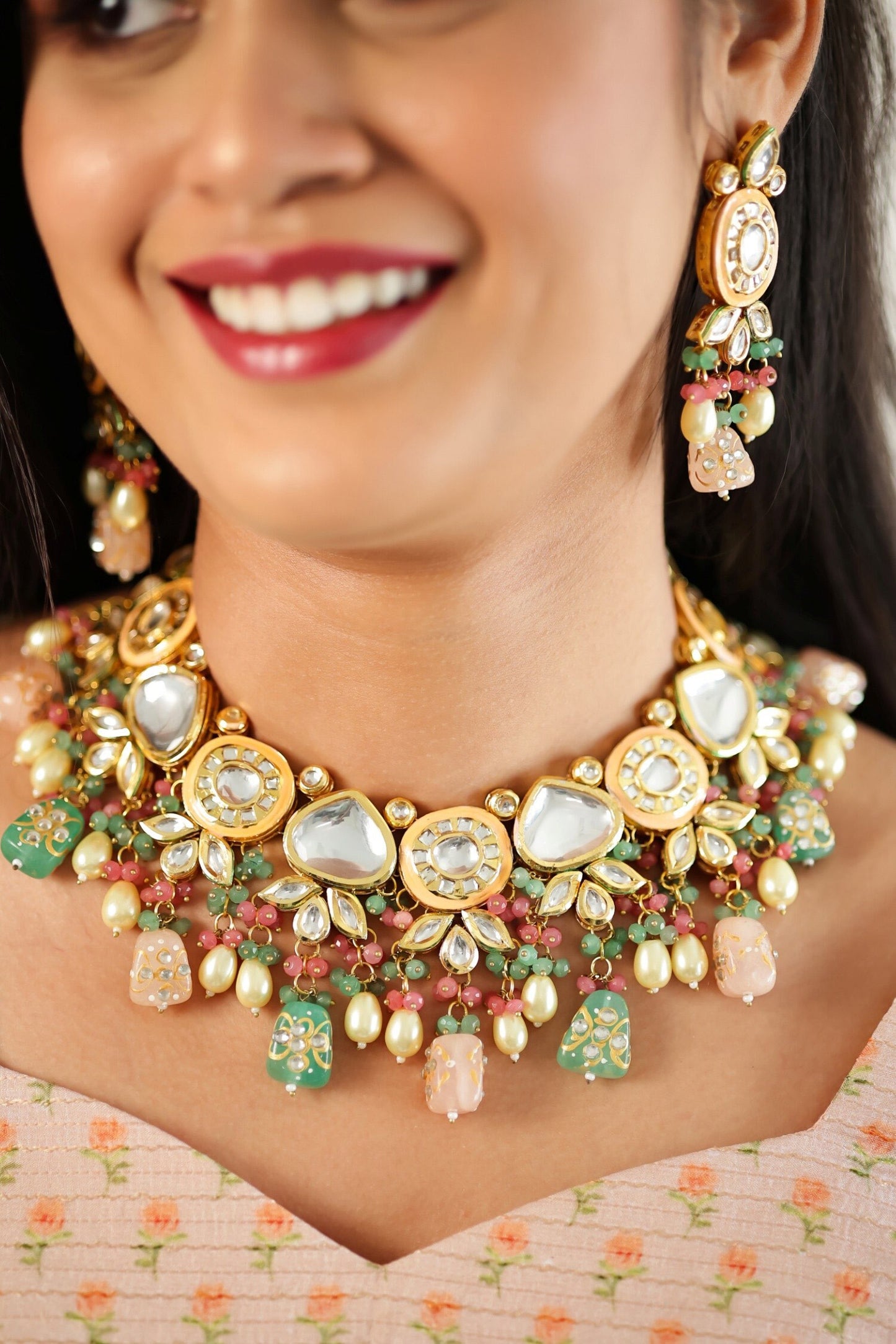 Emerald Bead Drop Choker Set 