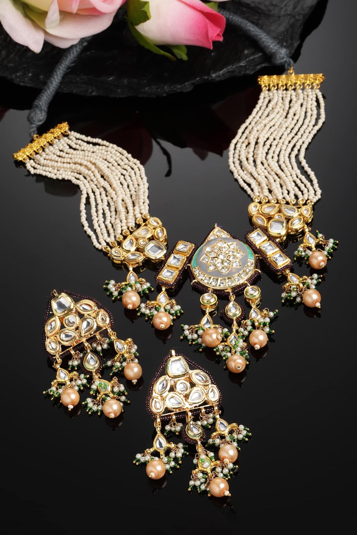 Natural Stone Embellished Pendant Choker Set 