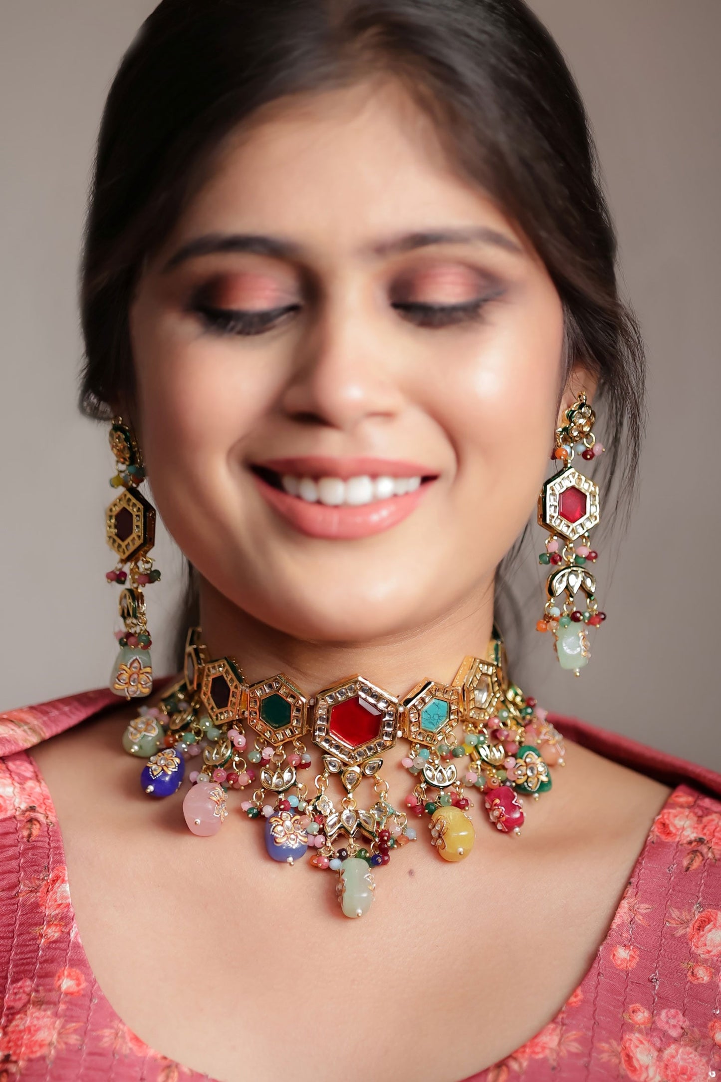 Gold Multi Color Navratna Choker Set 
