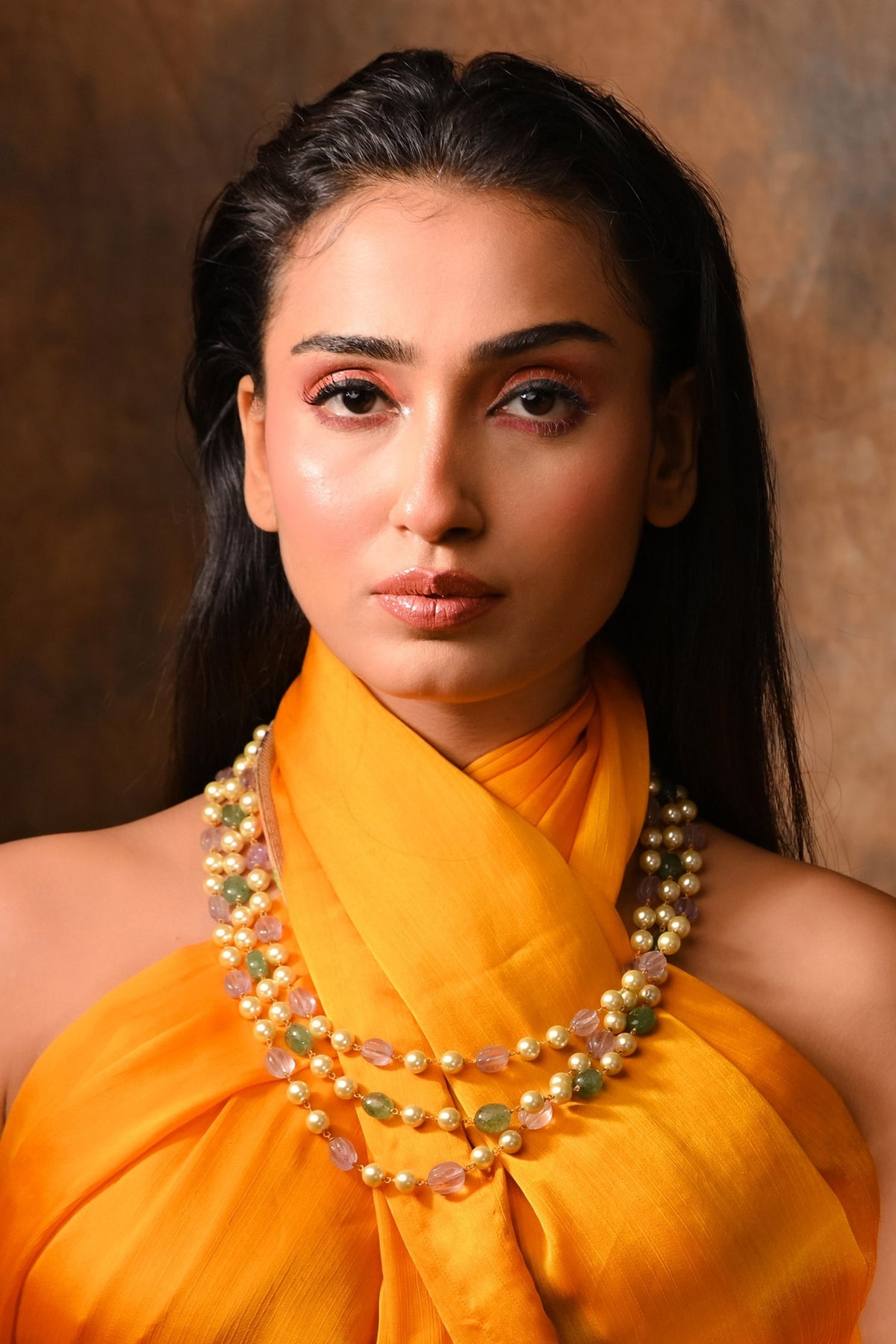 Multi Color Triple Layered Bead Necklace 