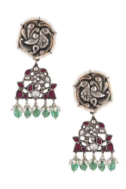 Carved Peacock Studded Earrings 