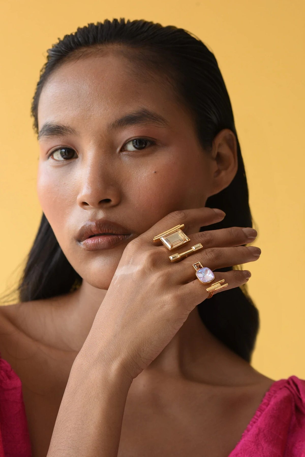 Geometric Pink Stone 3 Finger Ring 