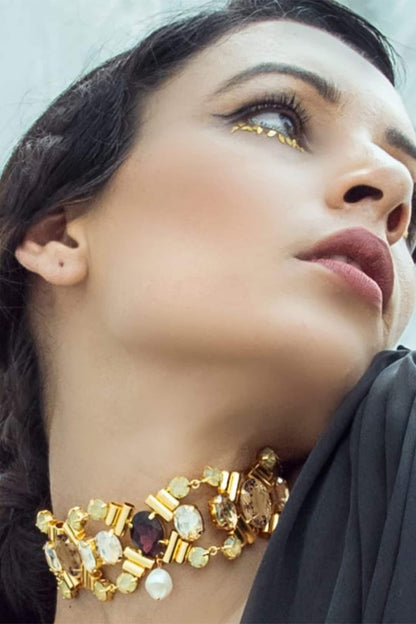 Gold Multi-Jewelled Choker with Pearl Drop 