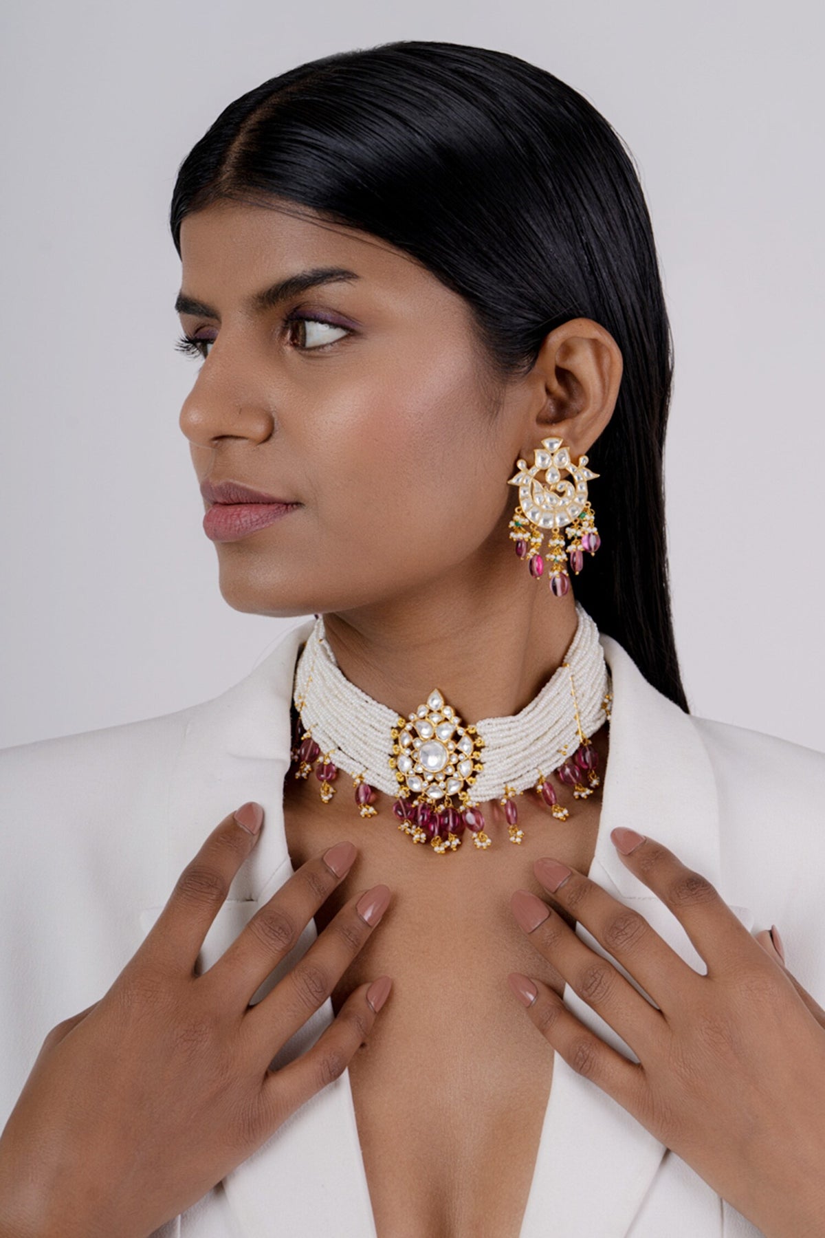 Bead Layered Pendant Choker Set 
