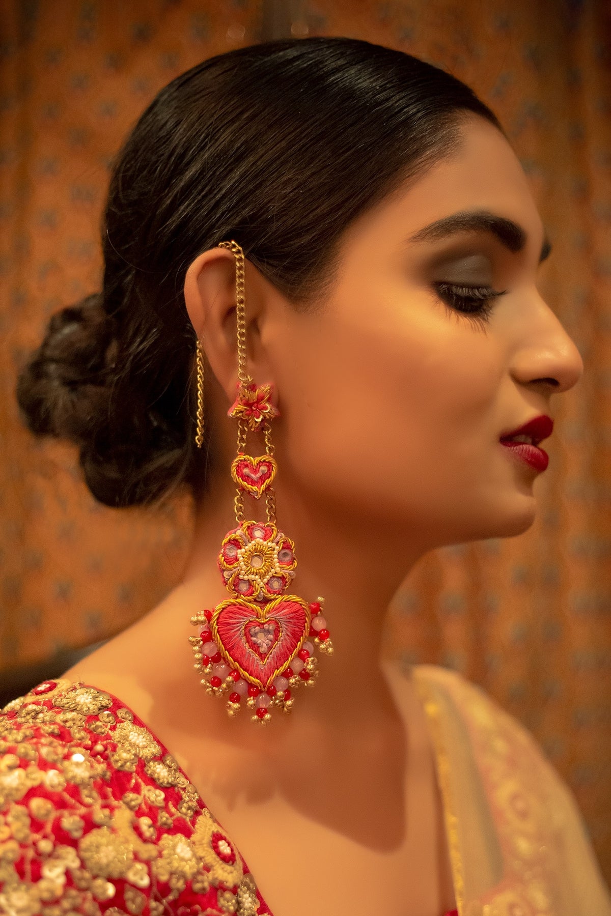 Hand Embroidered Heart Dangler Earrings 