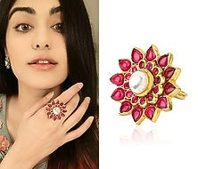 Gold Plated Pink Jadtar Stone Flower Ring