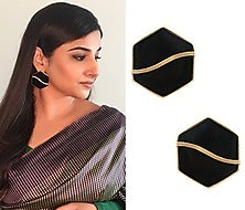 Gold Finish Black Mother Of Pearl Hexagon Earrings