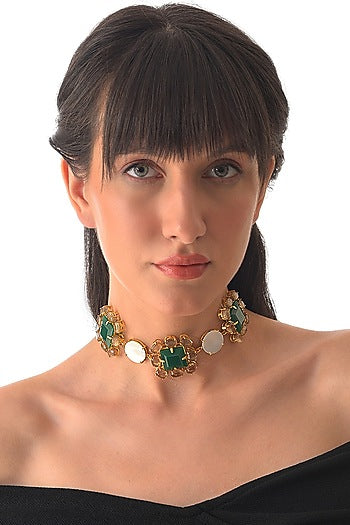 Gold Finish Green Onyx Choker Necklace