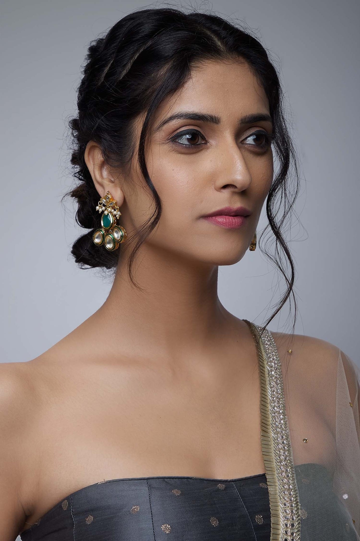 Gold Kundan Polki Stone Stud Earrings 