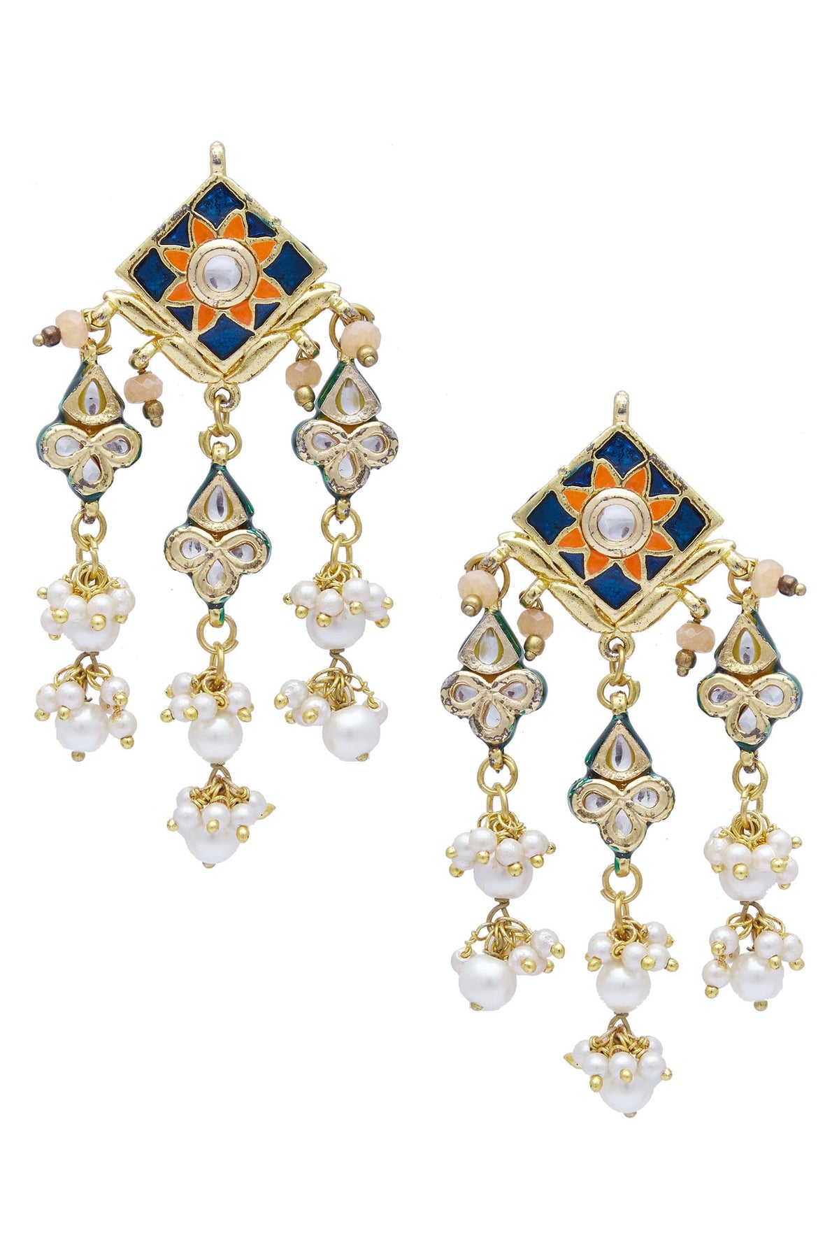 Gold Meenakari Kundan Pearl Danglers 