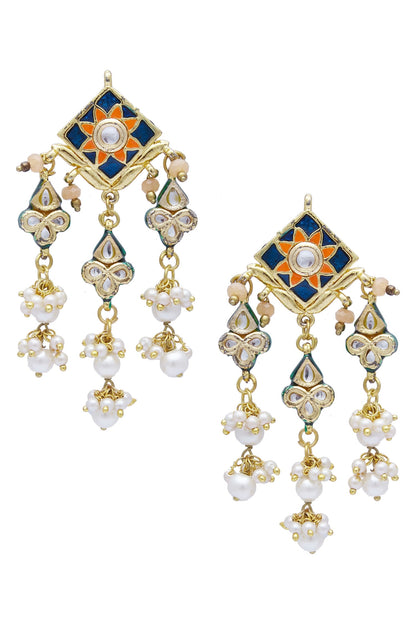 Gold Meenakari Kundan Pearl Danglers 