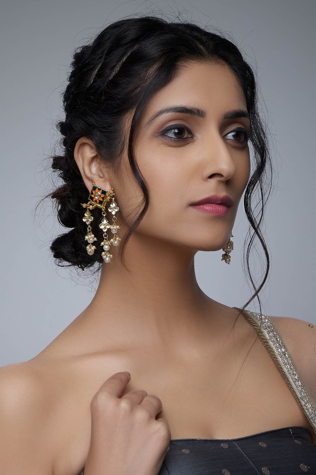 Gold Meenakari Kundan Pearl Danglers 