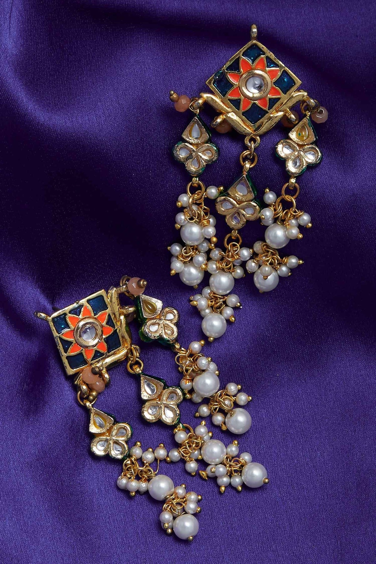 Gold Meenakari Kundan Pearl Danglers 