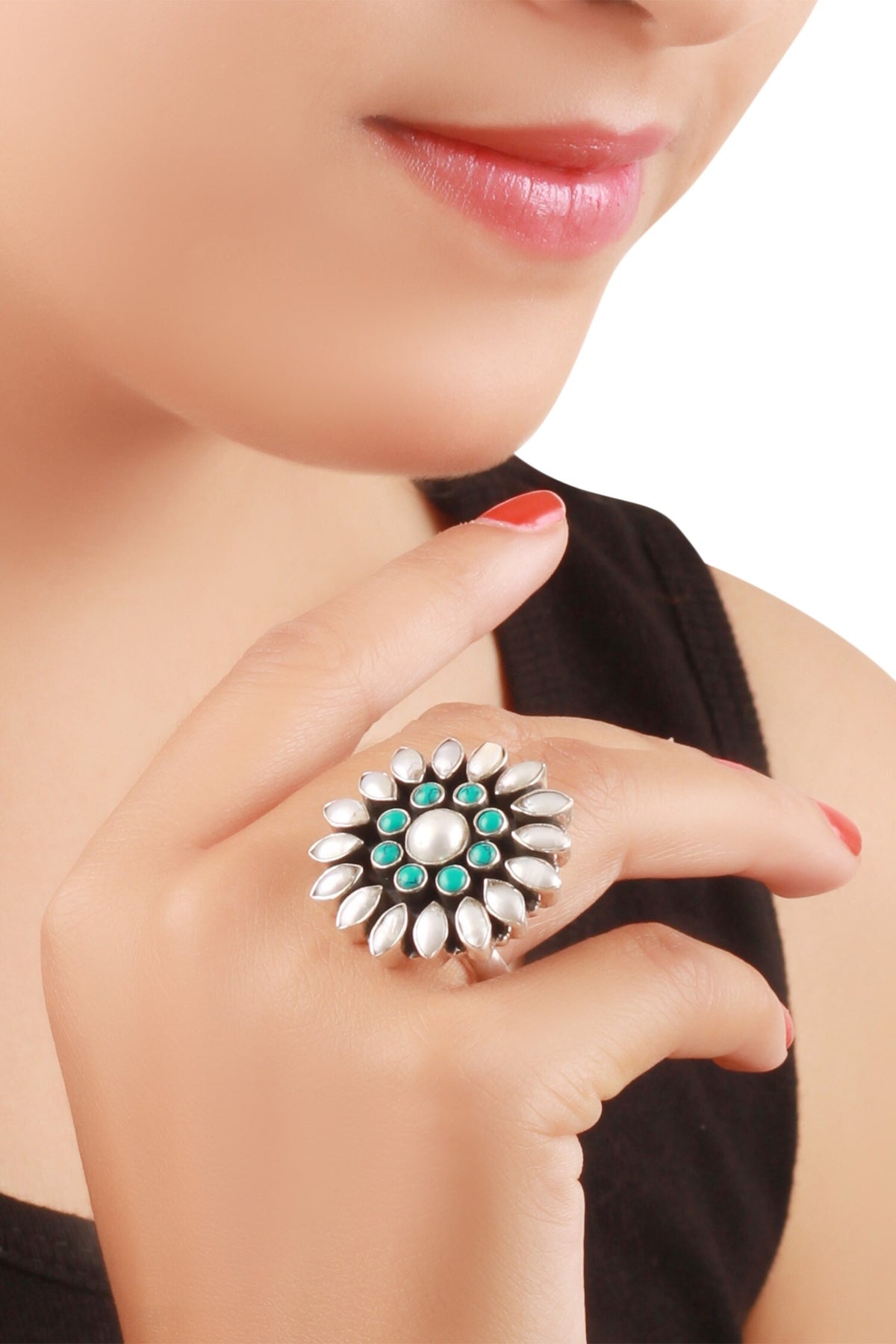 Flower Stone Encrusted Finger Ring  