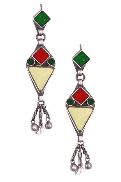 Geometric Silver Danglers with Bead Details 