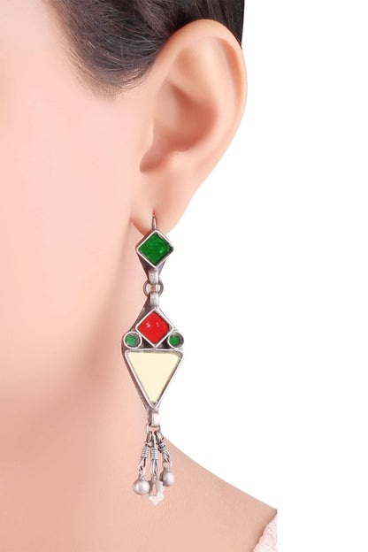 Geometric Silver Danglers with Bead Details 