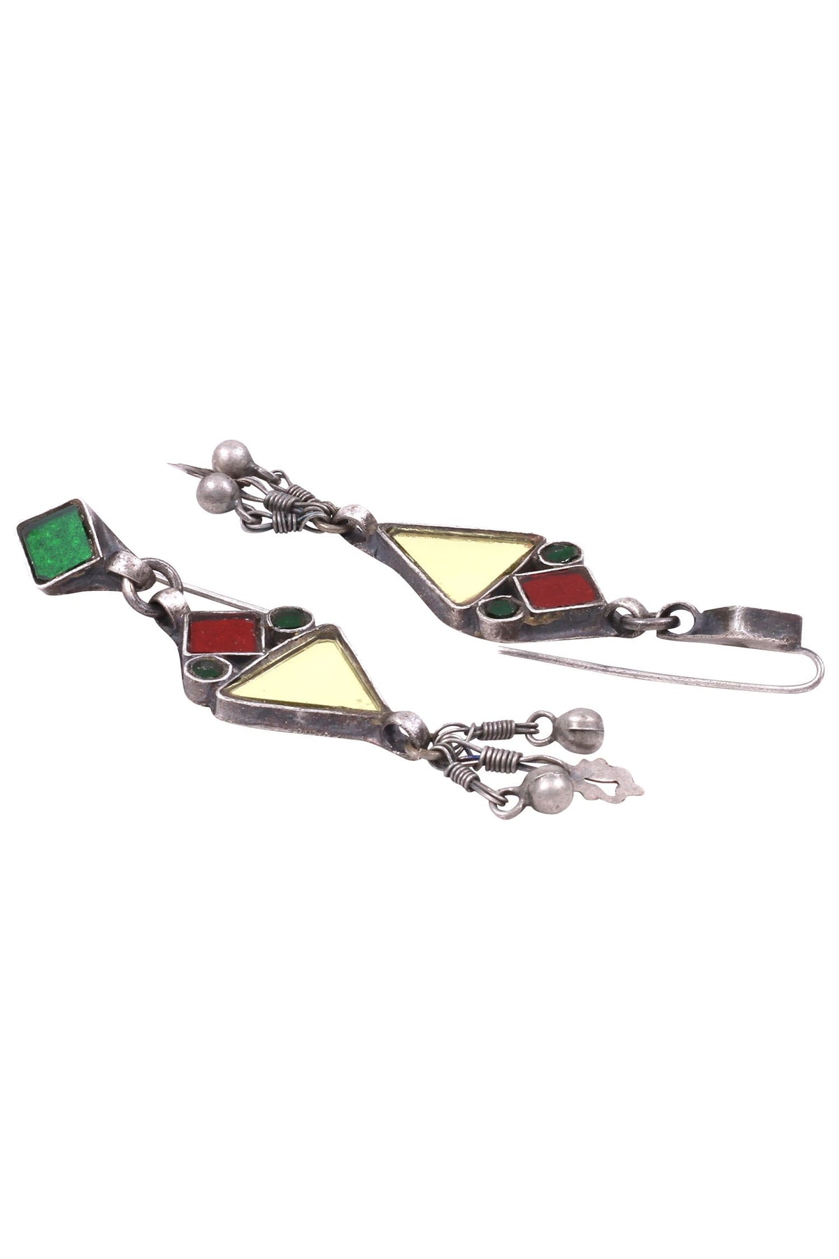 Geometric Silver Danglers with Bead Details 