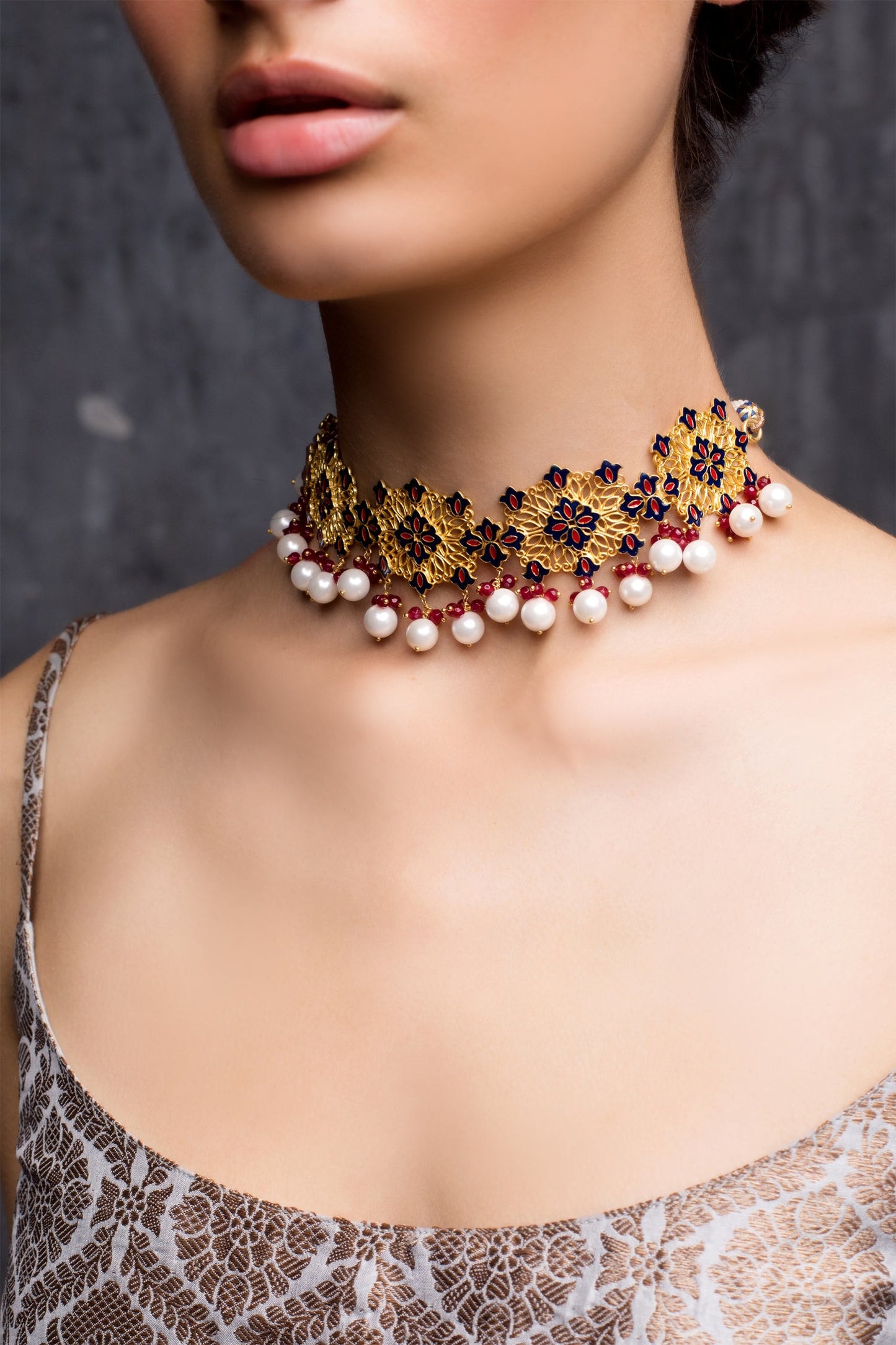 Floral Enamel Bead Drop Choker 