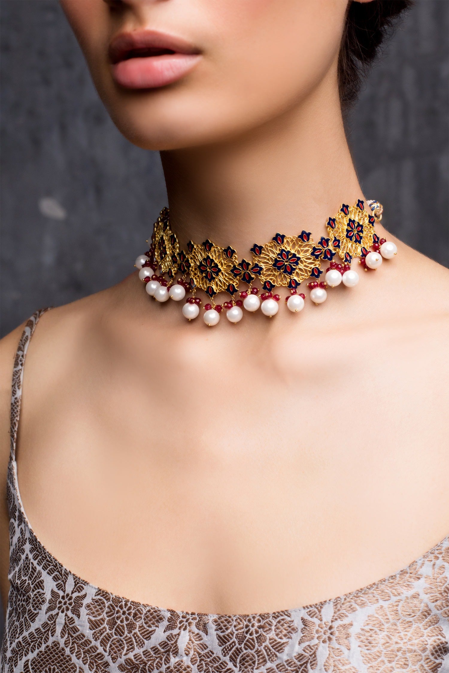 Floral Enamel Bead Drop Choker 