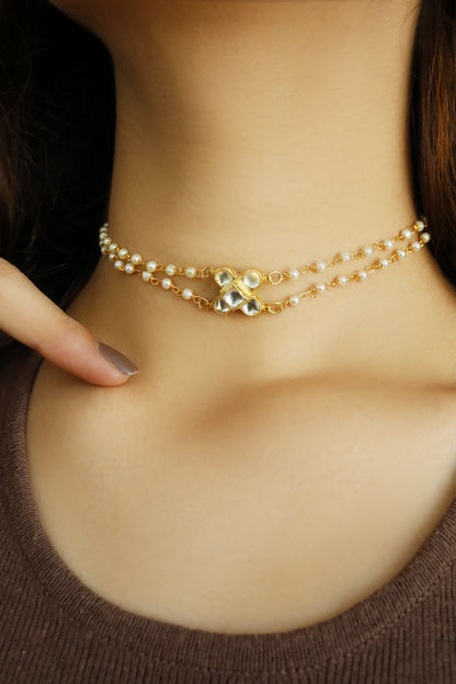 Kundan Floral Motif Multistrand Pearl Choker 