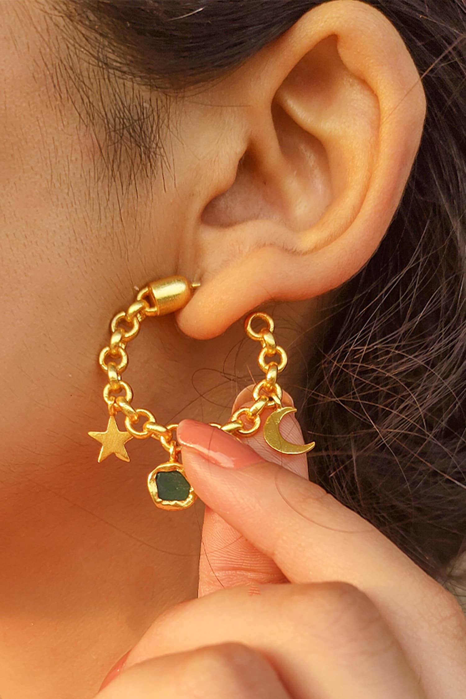 Chain Link Stone Drop Hoops 