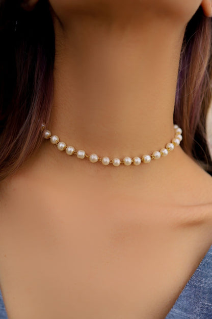 Gold Pearl Choker Necklace 