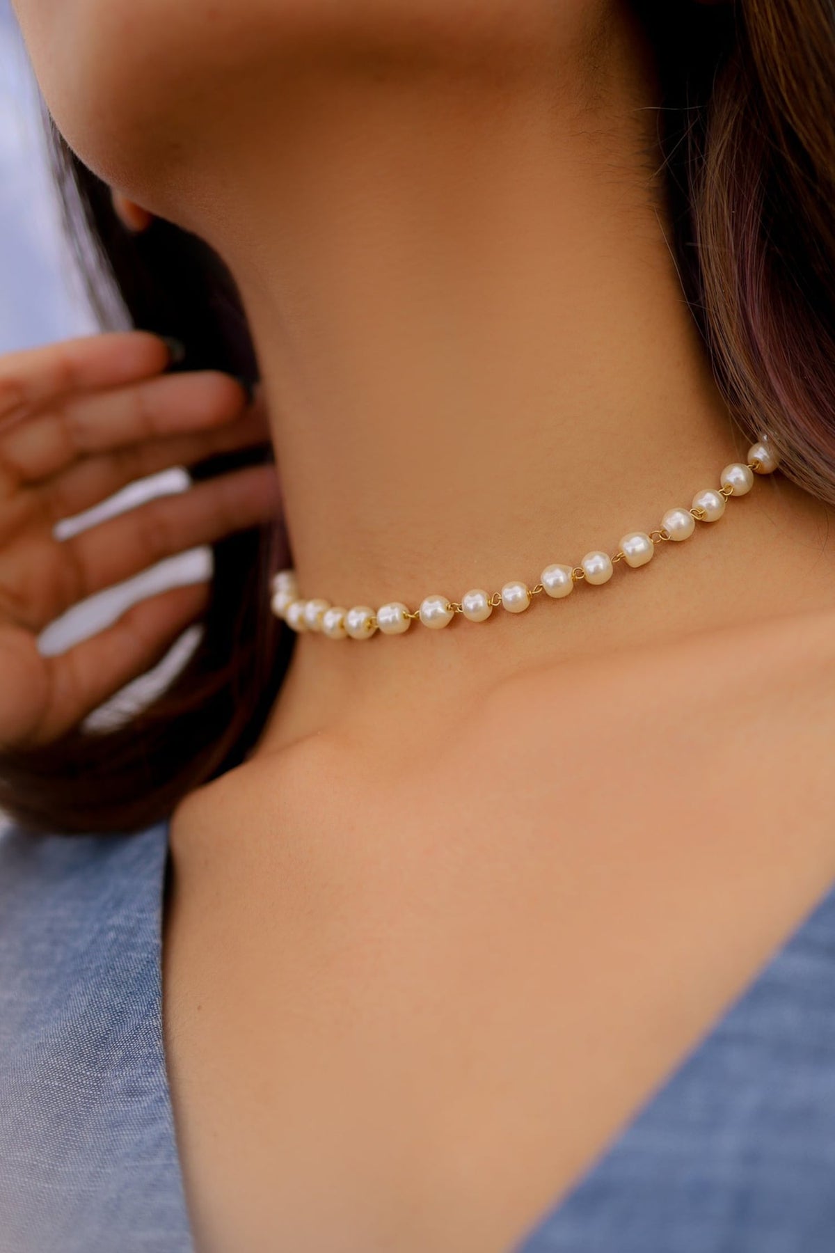Gold Pearl Choker Necklace 