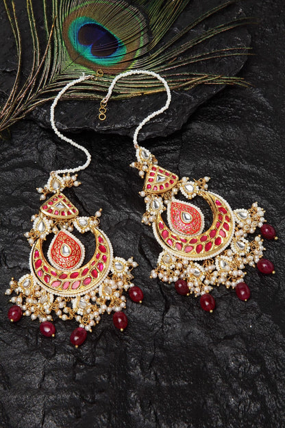 Kundan & Pearls Crescent Chandbalis With Ear Chain 