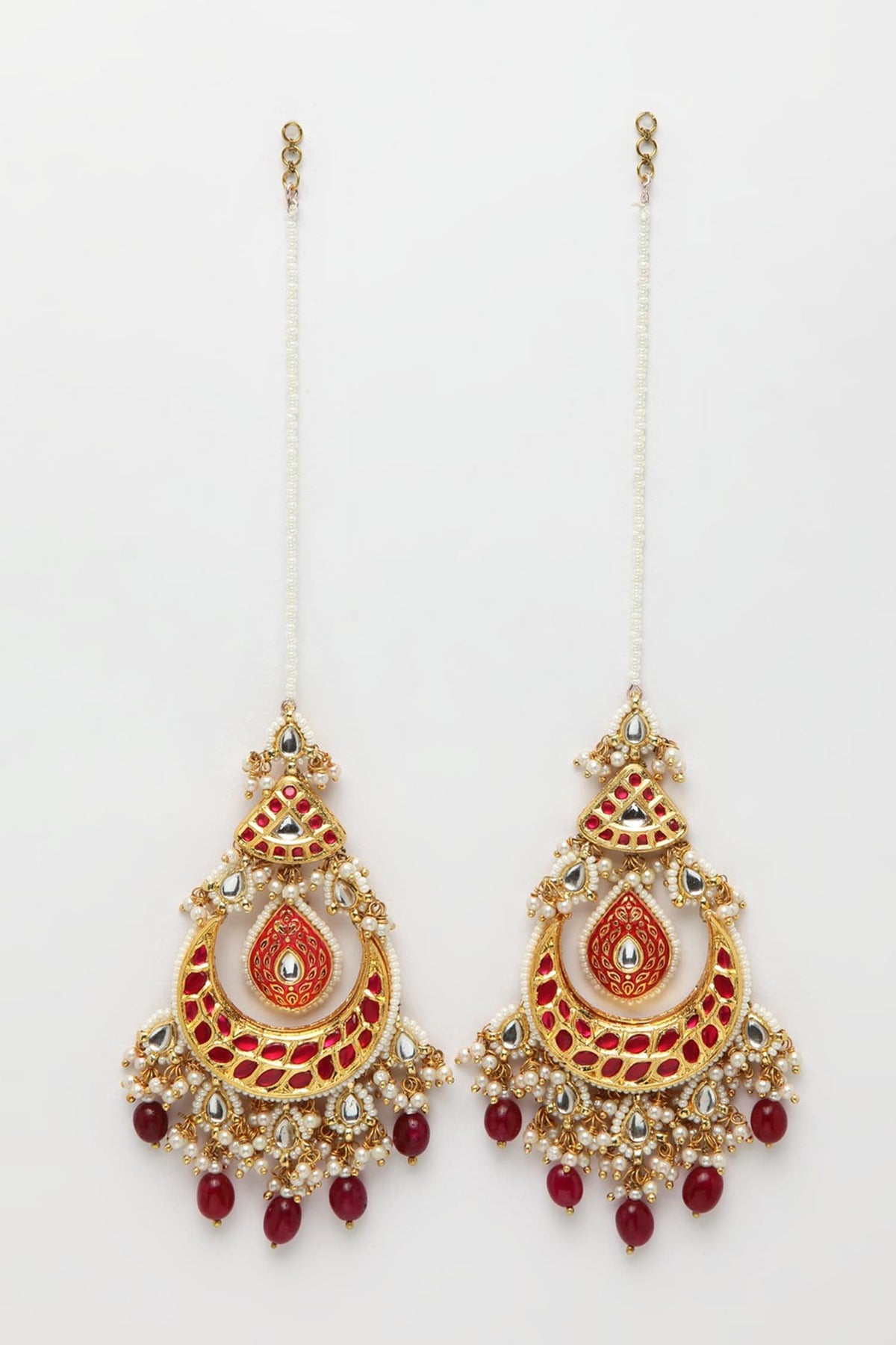 Kundan & Pearls Crescent Chandbalis With Ear Chain 