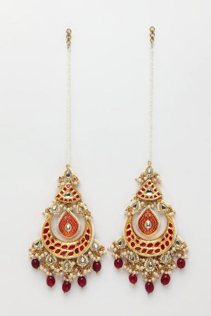 Kundan & Pearls Crescent Chandbalis With Ear Chain 